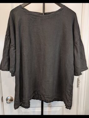 Becasa 100% Linen Tunic Top Medium Black Charcoal Gathered Bell Sleeve Made USA